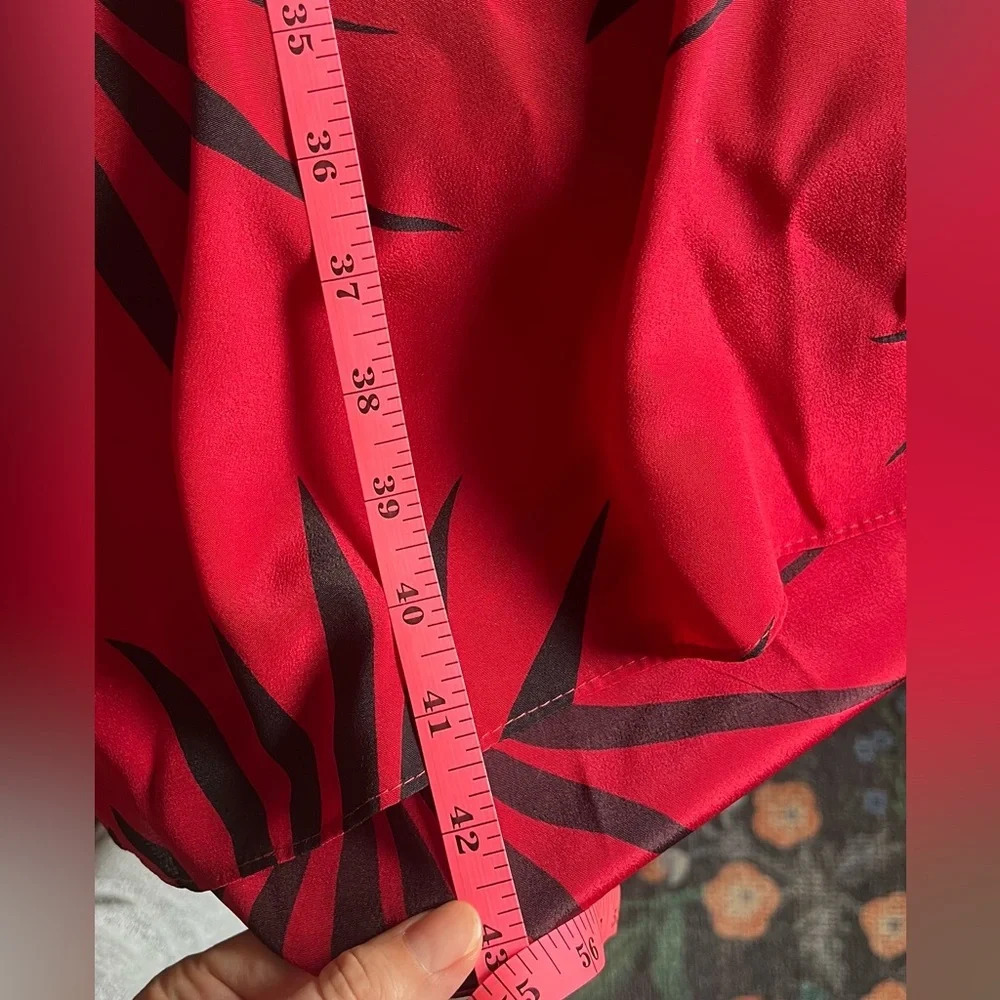 Vintage Dawn Joy red/black dress, cinched/tie waist, open fold-over front, Sz L - Picture 11 of 11